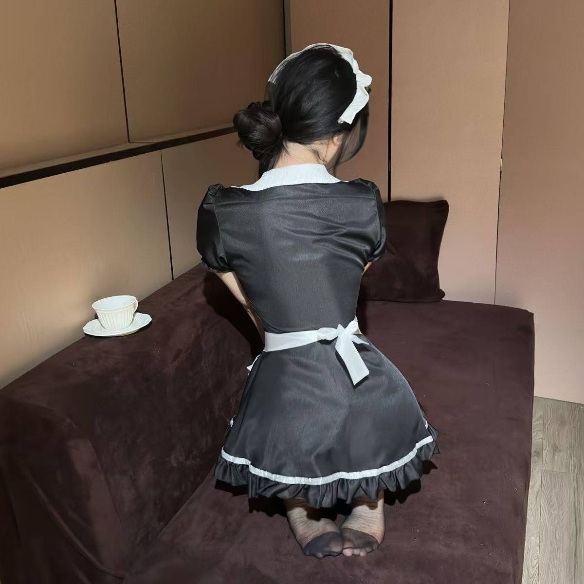 Maid Roleplay Lingerie Set with Apron and Headband, Black Polyester, Fits 40-60 kg — detail image 4