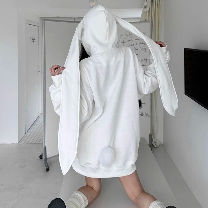 American Style Cute Rabbit Ears Hooded Sweater Women's Spring and Autumn Loose Lazy Style Casual All-match Cardigan Jacket Trend