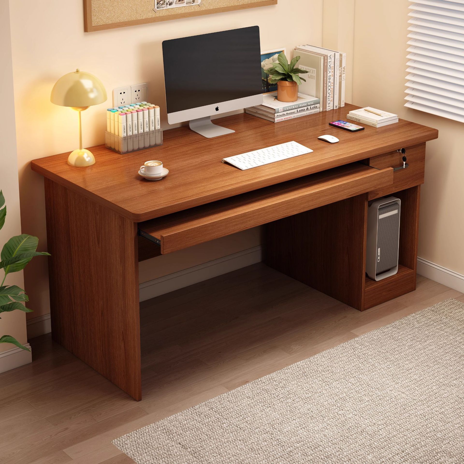 Escritorio de computadora con núcleo de madera maciza con cajón, escritorio integrado, dormitorio moderno simple para el hogar, escritorio de oficina contra la pared