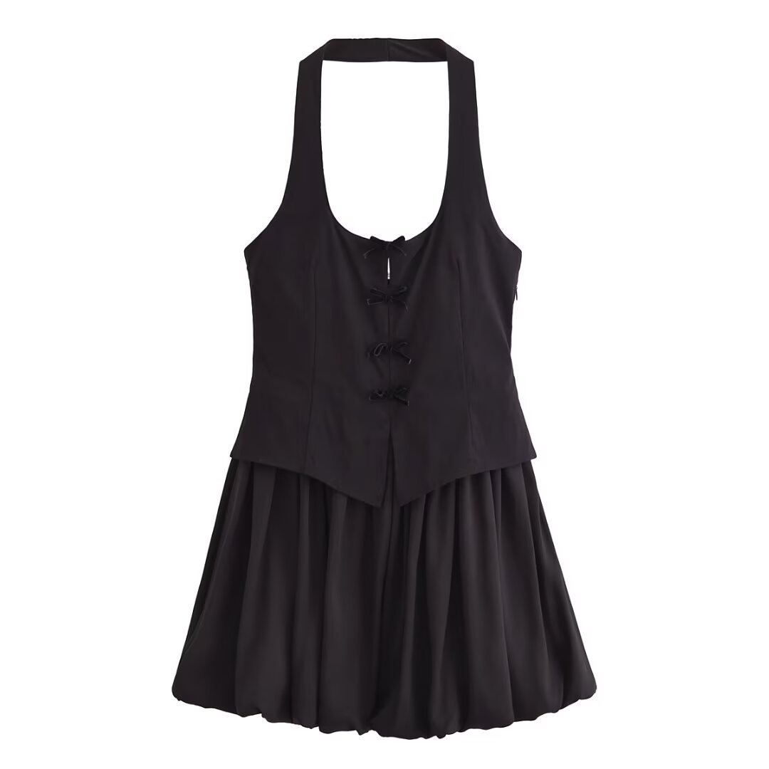 Series Sexy Backless Hanging Collar round Neck Short Puffy Mini Dress