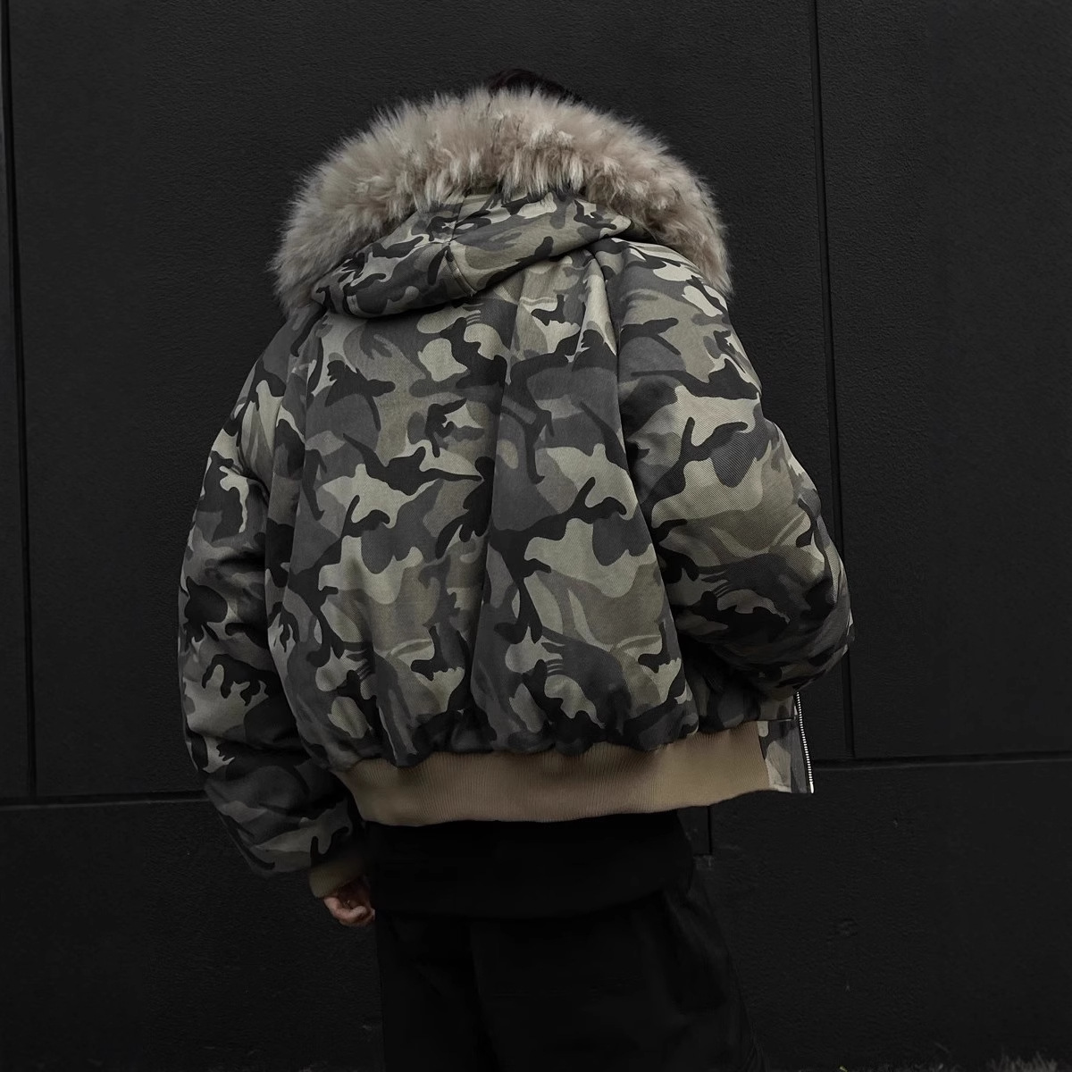 座山雕大毛领迷彩棉服男冬季加厚高街bomber美式飞行夹棉夹克棉衣