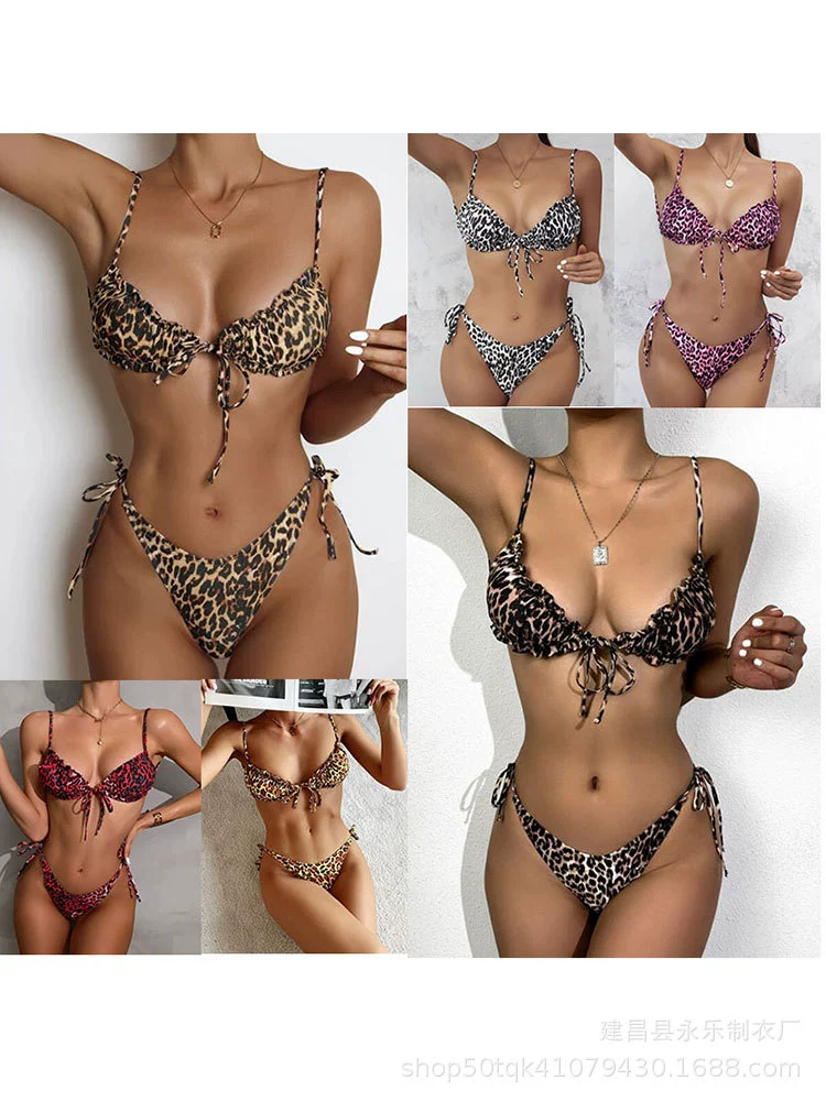 Split quick-dry bikini, European style, adjustable tie sides, multi-print (S–XL)