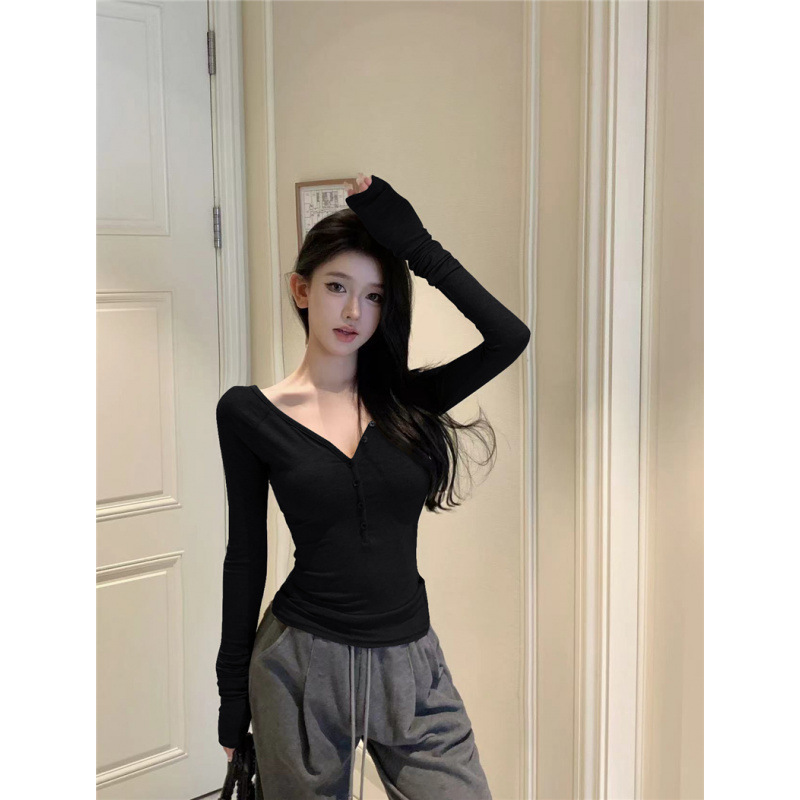 昕可达 简约降临 美式复古V领长袖上衣休闲修身打底衫秋季女|undefined