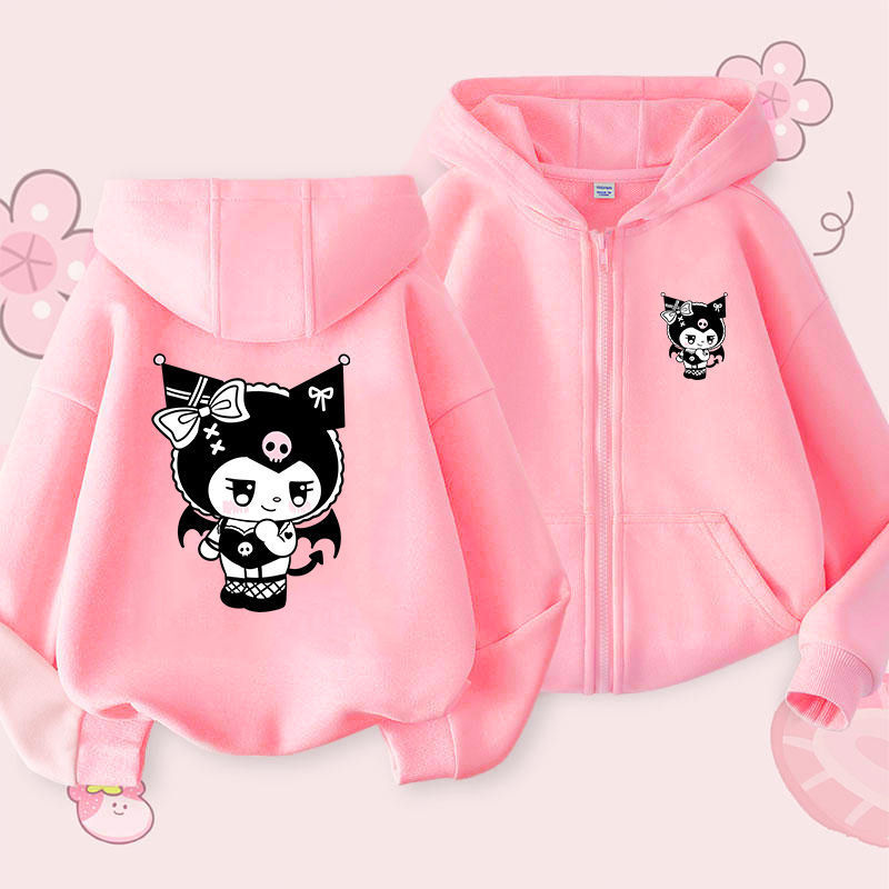 Children's Cardigan Jacket with Zipper and Hood, Girls' Kuromi Sanrio Trendy Cartoon Anime Hoodie for Older Kids