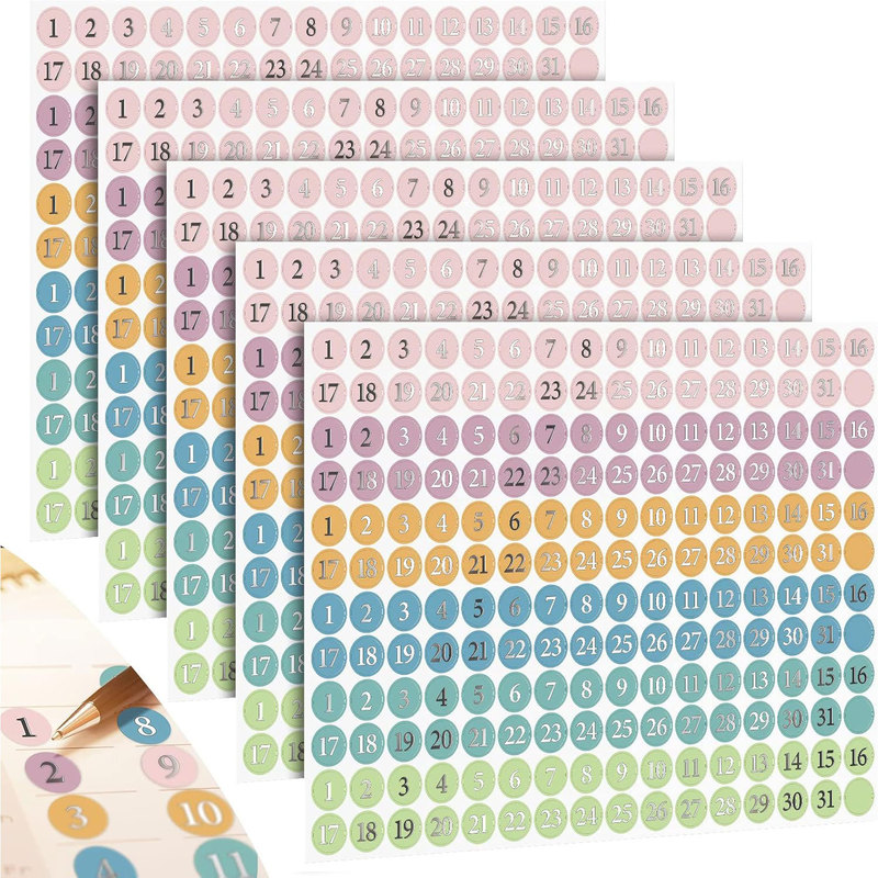 192 Stickers with Silver Foil Date Dots, Planner Colorful Number Decoration Monthly Calendar Stickers for Calendar Notebooks
