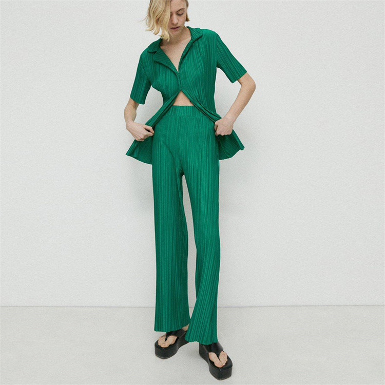 Summer Short Sleeve Loose Pleated Straight Leg Pants Two-Piece Set Sexy Complex Set Collar Sexy Set