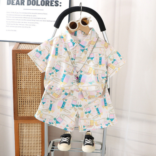 Ikat-dyed children's summer fashionable full-print Hong Kong-style shirt set for boys, trendy and stylish, Korean-style short sleeves