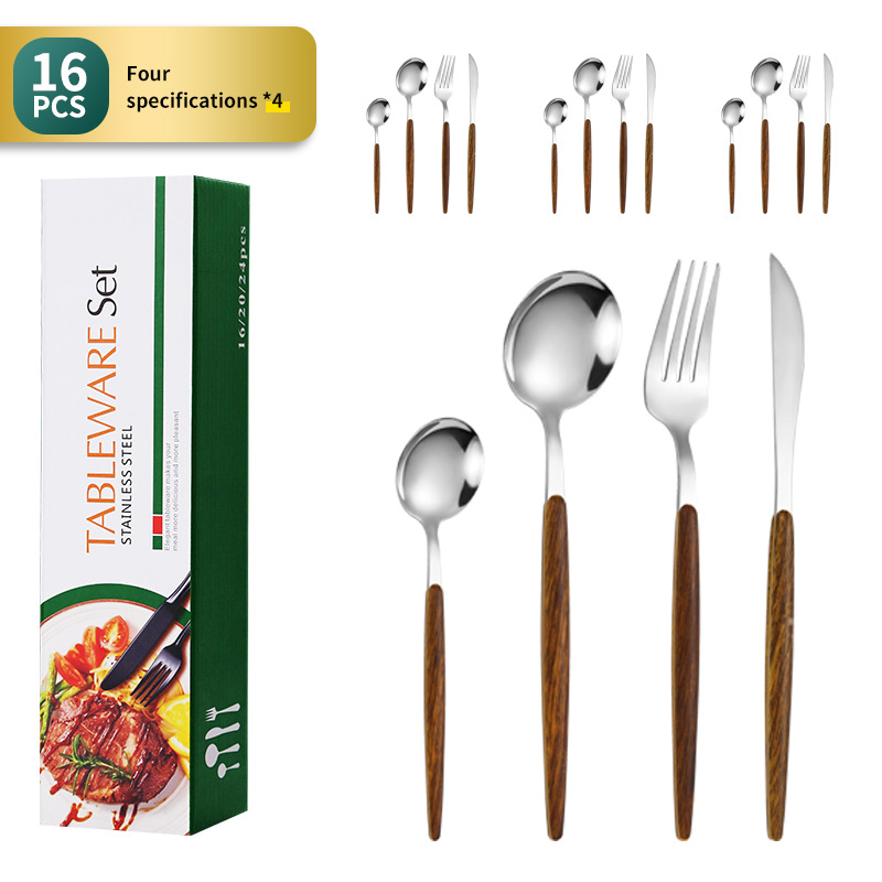 Cuchillo, tenedor y cuchara de mango de madera de acero inoxidable transfronterizo Amazon vajilla de grano de madera coreana Portugal vajilla Coreana de 16 piezas