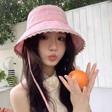 甜美可爱2025新款花边蓝色渔夫帽女春夏季遮阳防晒盆帽户外大帽檐