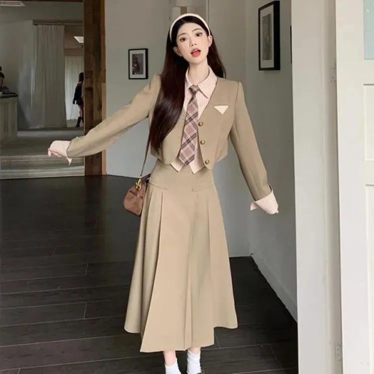 Korean College Style Suit Set with Long Skirt for Women, 2026 New Spring Jk Uniform Pleated Skirt Two-Piece Set