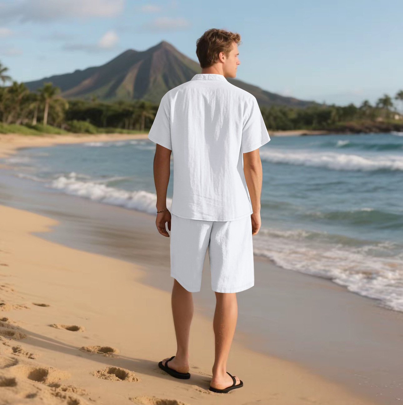 Herren Leinenhemd Mit Shorts Set Sommer Freizeit Strandoutfit_voghion.com
