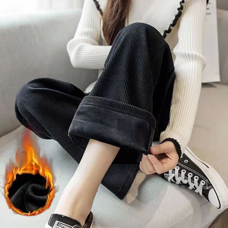 Autumn and Winter Chenille Cream Pants for Women Fleece-Lined and Thickeneded Corduroy High-Waisted Straight Drawstring Wide-Leg Pants Casual Pants Slimming Look
