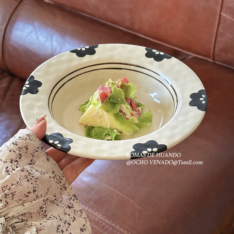 复古黑色山茶花高级陶瓷家用餐具菜盘水果沙拉碗盘陶瓷米饭碗套餐
