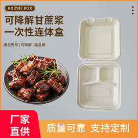 8.5寸3格连体盒一次性饭盒可降解餐盒带盖子连体打包外卖盒便当盒