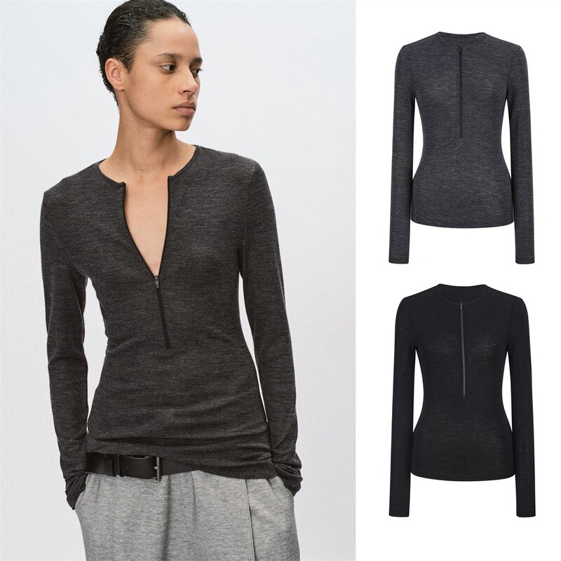 V Neck Pure Wool Ykk Sports Zipper T-Shirt Stretch Slim Wool Bottoming Shirt for Women V Neck Pure Wool Ykk Sports Zipper T-Shirt Stretch Slim Wool Bottoming Shirt for Women