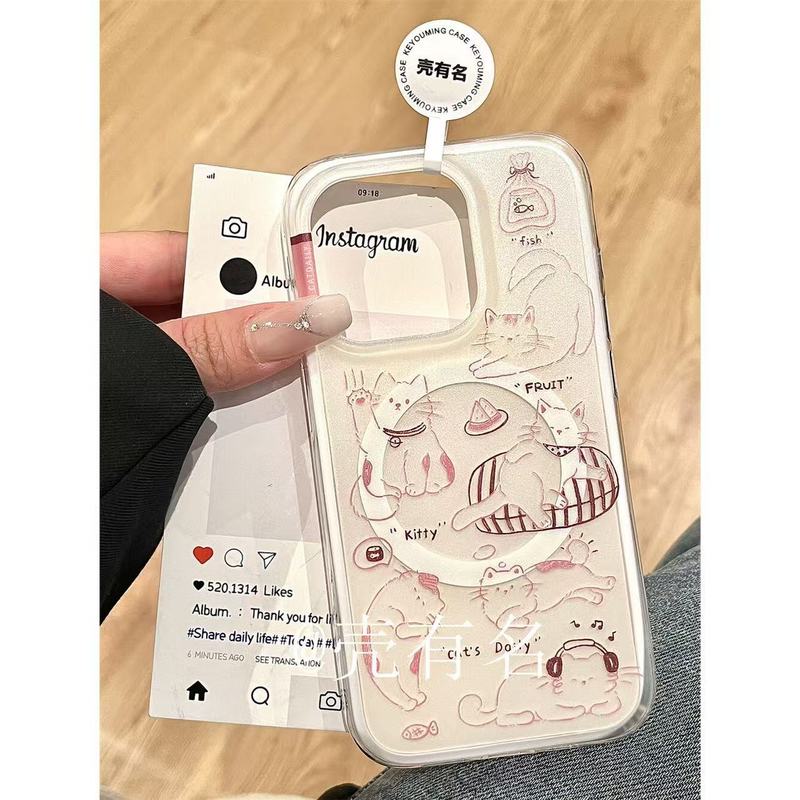 可爱手绘线条猫磁吸摇摇乐支架适用苹果16手机壳iPhone15/14/13壳|undefined