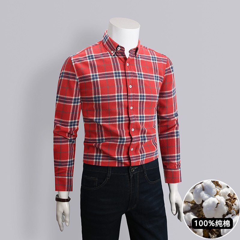 Early Spring New Men's 100% Pure Cotton Brushed Plaid Business Casual Long-Sleeve Shirt, Yarn-Dyed Plaid Shirt Top, Trendy Early Spring New Men's 100% Pure Cotton Brushed Plaid Business Casual Long-Sleeve Shirt, Yarn-Dyed Plaid Shirt Top, Trendy