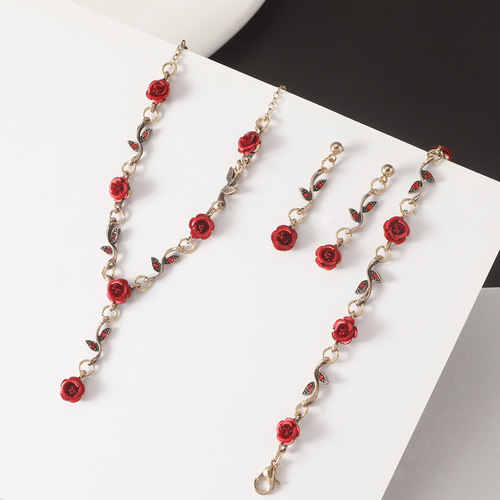 Vintage French Rose Flower Bracelet Set for Women | Trendy European & American Instagram-Style Red Rose Necklace and Bracelet with Chic Appeal