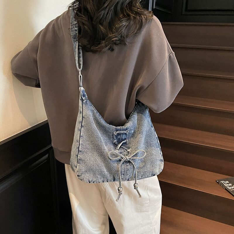 Washed Denim Shoulder Bag with Cross Straps and Bow Embellishments, Sweet and Cool Girl's Street Style Girly Crescent Bag