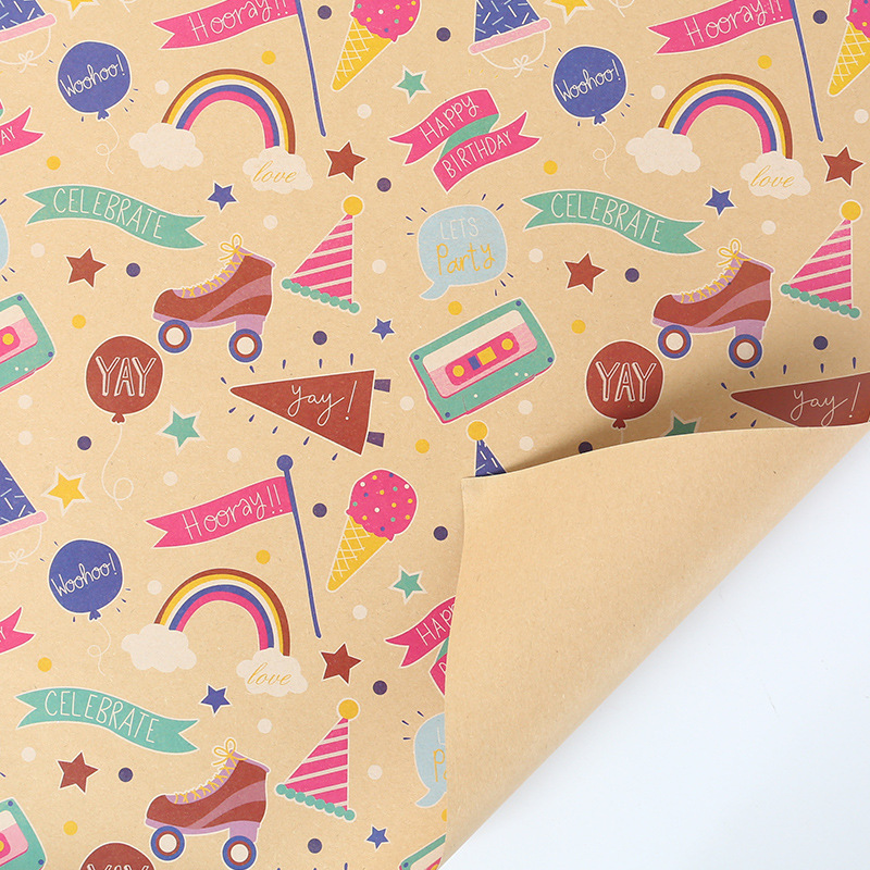 Transfronterizo nuevo feliz cumpleaños papel de embalaje de papel Kraft lindo libro de dibujos animados papel de regalo en stock al por mayor