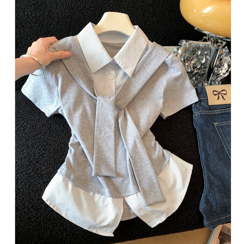 College-Style Striped Polo Collar Fake Two-Piece T-Shirt, New Summer Korean Design with Pleated Waist-Cinching Short-Sleeve Top