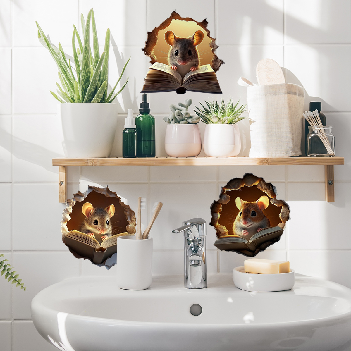 Väggdekal med tecknad 3d-mus i hål för vardagsrum och sovrum_voghion.com