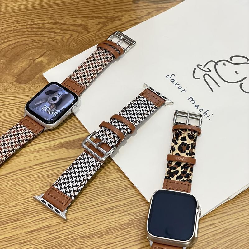 Ins Style Canvas Houndstooth Pattern Leather Patch S11 Pin Buckle Watch Strap Suitable for Apple iWatch S1098