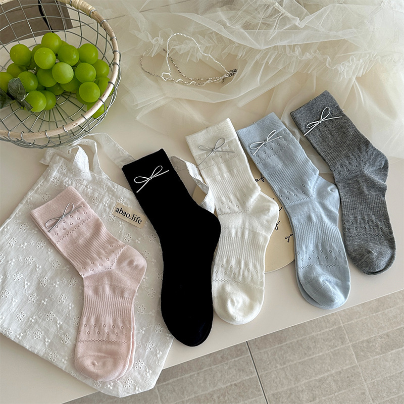 Leather Bow Bone Socks Women's Mid-tube Socks Spring and Summer Sweet Mesh Thin Pile Socks Women's Summer Socks