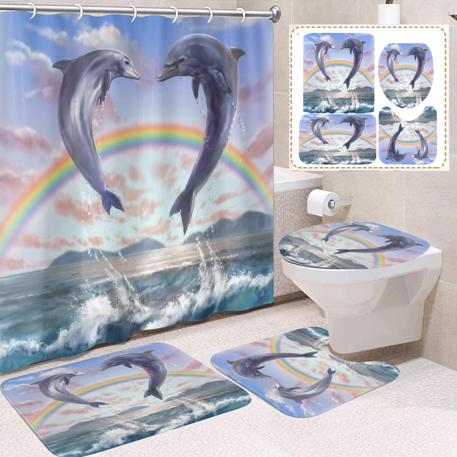 Cortina de ducha transfronteriza con diseño de delfines azules, estampada digitalmente, de poliéster, sin perforaciones, para baño, decoración del hogar image 23