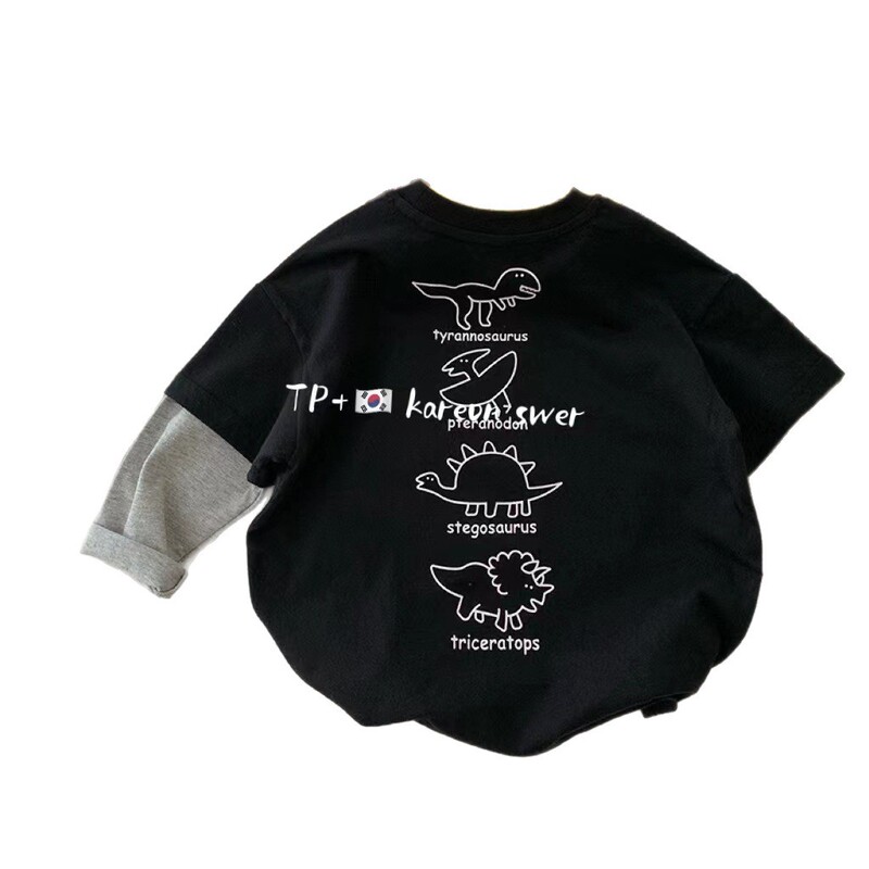 子供の対照的な色の恐竜偽ツーピース Tシャツ男の子綿ルーズカジュアル長袖ボトムシャツ子供の春子供服トップス|undefined