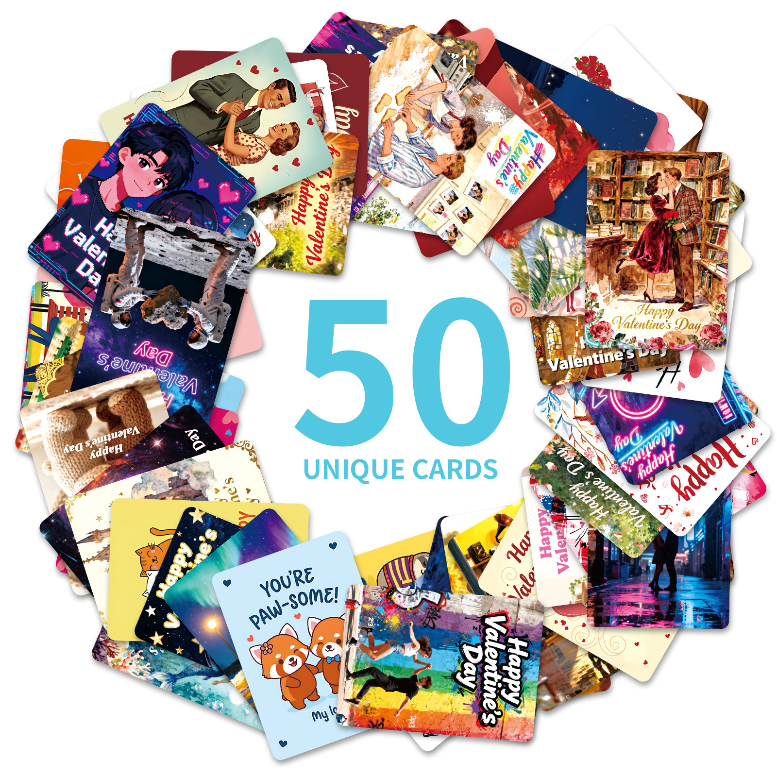 Set van 50 nieuwe, grensoverschrijdende Valentijnskaarten, creatieve en unieke kaarten met handgeschreven tekst voor dates en feestdagen._voghion.com