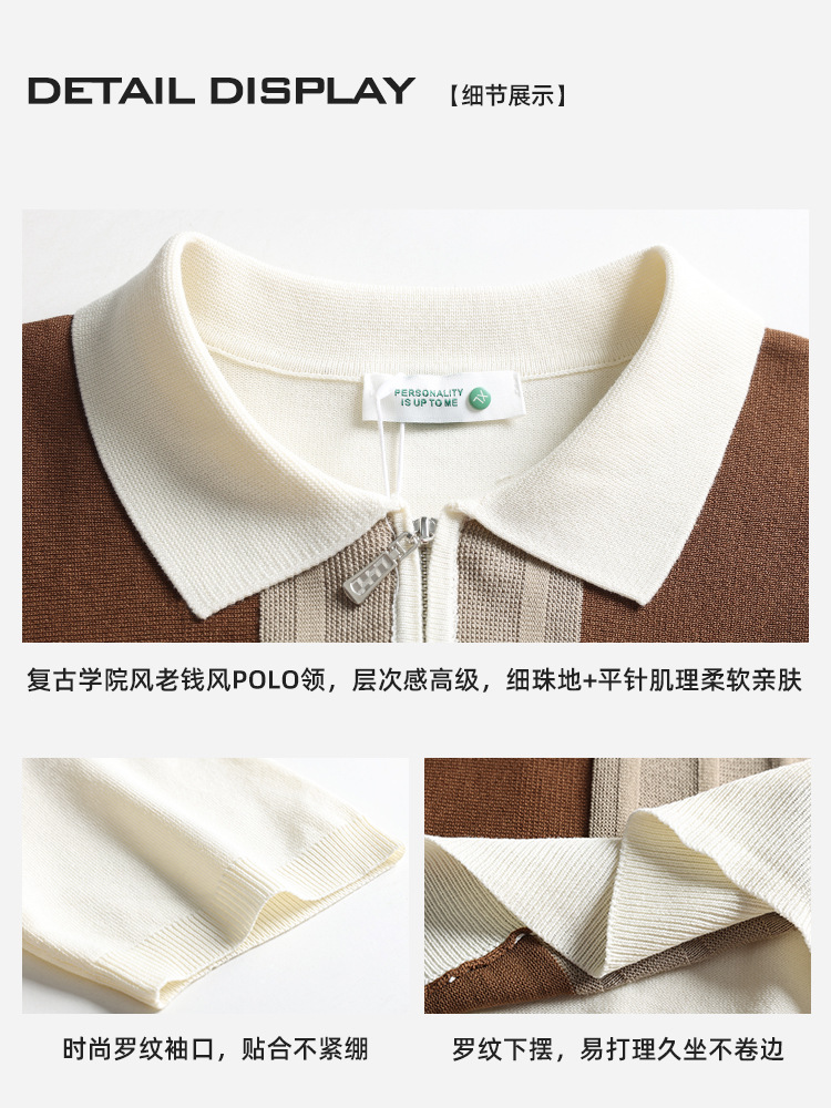 Europa y Estados Unidos transfronterizos hombre medio cremallera rayas polo camiseta de punto de verano con solapa de mangas cortas ropa de hombre de alta calidad casual hombre