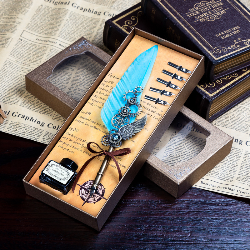 Juego de plumas mecánicas, juego de plumas con engranajes, pluma punk, pluma con alas, pluma de inmersión con plumas