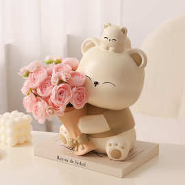 可爱捧花暴力熊客厅摆件电视柜桌面卧室房间装饰品七夕送女友礼物