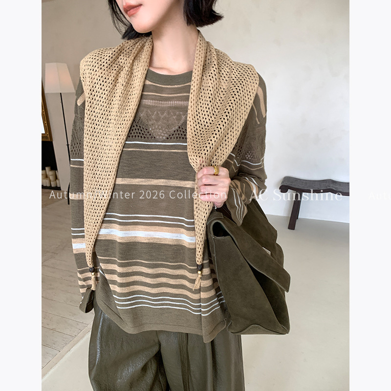 AC SUNSHINE Contrast Color Hollow Crochet Shawl Round Neck Long Sleeve Striped Knit Sweater Top for Women 19981