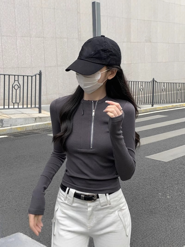 设计感半拉链正肩长袖t恤女2025秋季辣妹紧身内搭打底衫短款上衣|undefined