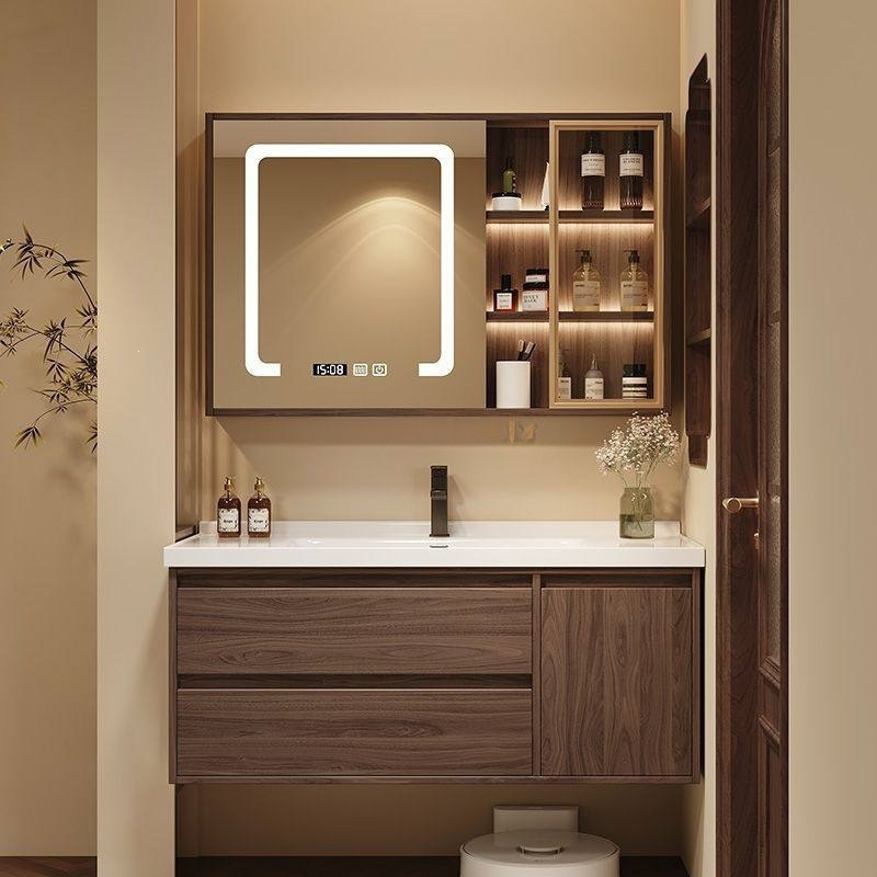 New vintage-style walnut wood ceramic integrated basin bathroom cabinet set with washbasin and sink cabinet