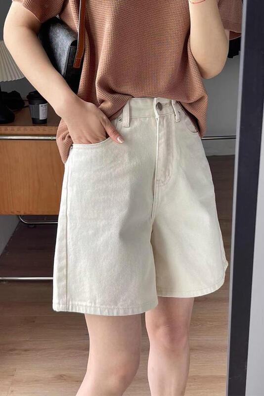 Apricot Denim Shorts for Women, Summer Thin Style, Plus-Size High-Waisted Loose Slimming Wide-Leg Knee-Length Shorts Suitable for Hips and Thighs