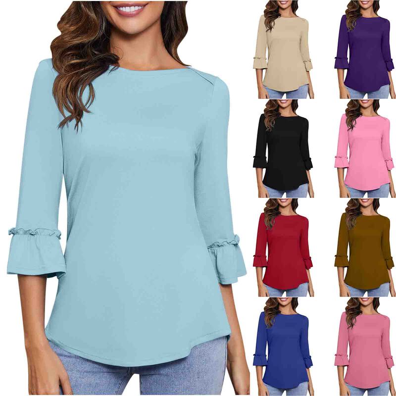 Amazon 2024 Spring European and American Stitching Solid Color 3/4 Sleeve Seven-point Sleeve Ruffled Crewneck Top/Shirt Women