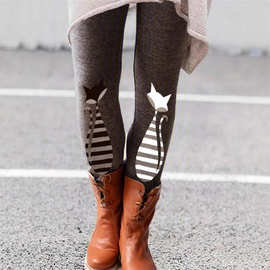 跨境外贸2025亚马逊 独立站wish5色猫猫印花百搭松紧打底裤靴裤女