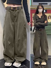 小个子美式军绿弯刀牛仔裤女秋季新款宽松直筒阔腿拖地裤