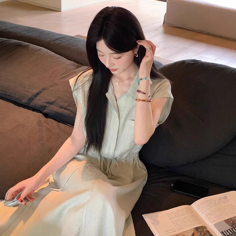 2026 Spring Women's Clothing Drawstring Waist Sleeveless V-Neck Dress Summer Long High-End Mint Green Shirt