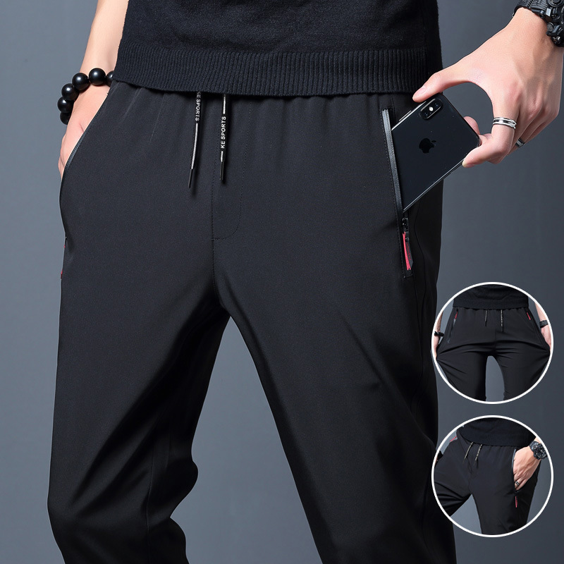 Ice summer thin silk pants men's loose zipper straight slim casual pants pants stretch men's sports wholesale