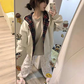 美式复古格子连帽卫衣女春秋oversize薄款外套宽松慵懒风开衫上衣