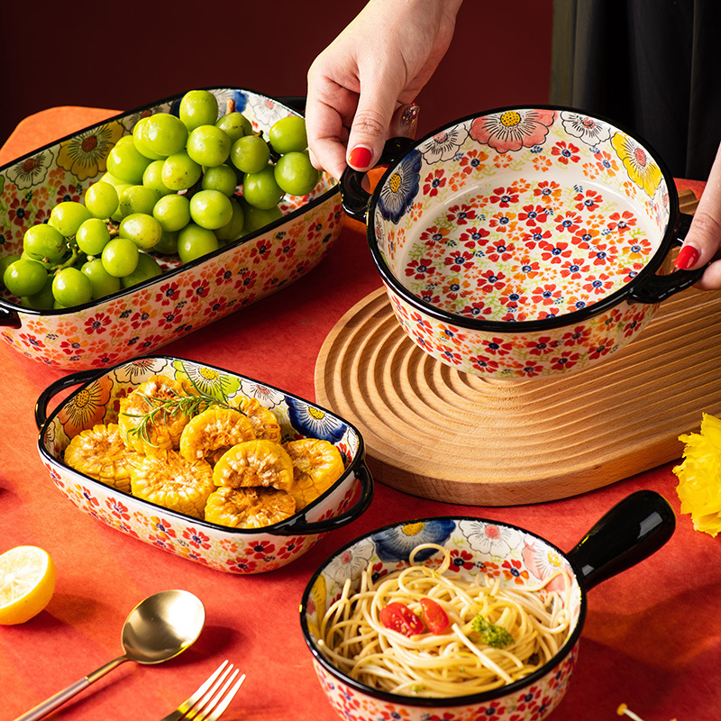 Creative relief bohemian handle ceramic baking pan Bowl cheese baked rice tableware binaural oven cross-border wholesale