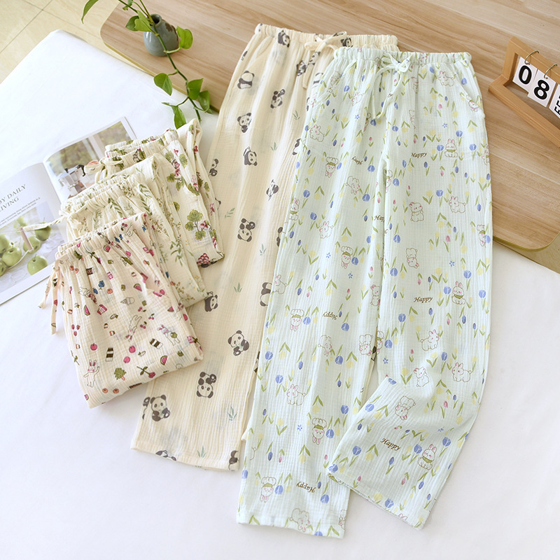 Crepe Printed Pajama Pants Women's Spring and Autumn Summer Cotton Gauze Double Thin Loose Tether Trousers Home Pants Summer Crepe Printed Pajama Pants Women's Spring and Autumn Summer Cotton Gauze Double Thin Loose Tether Trousers Home Pants Summer