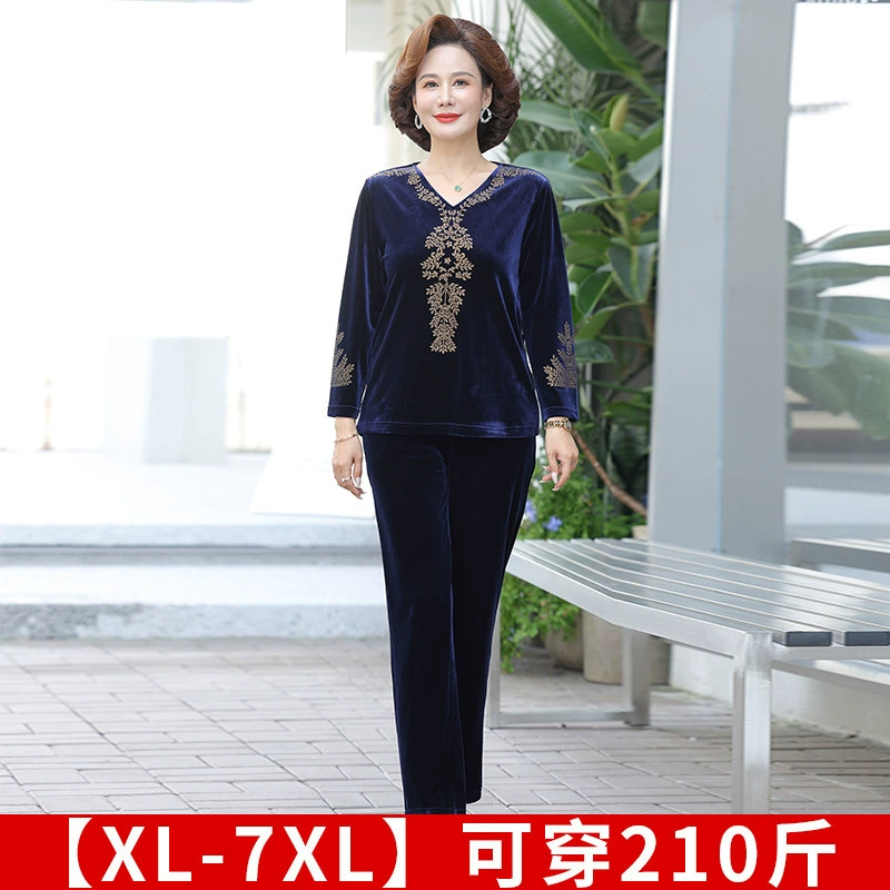 Весенний костюм Fat Mom 2024, женская одежда среднего возраста, свободная золотистая бархатная одежда из двух частей больших размеров, повседневная спортивная оптовая продажа