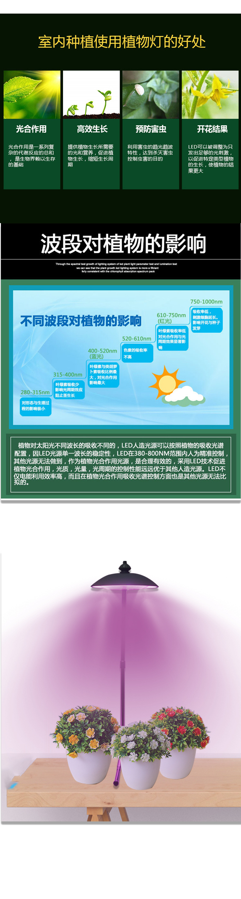 植物灯生长灯led全光谱仿太阳室内家用花卉光照育苗补光植物灯50W详情4