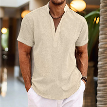 跨境夏季新款欧美男士大码纯色亨利领短袖衬衫套头塑形简约衬衣