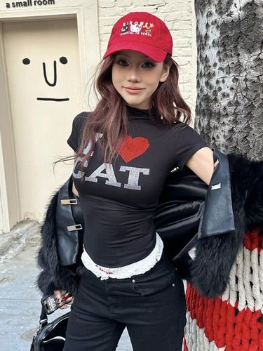 260g Modal Viscose Heart Letter Embroidered Rhinestones Half High Collar Short Sleeve Women's T-Shirt Slim Fit Short Top Fashion